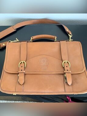 Ghurka Tan Leather Briefcase with Gold Brass Hardware